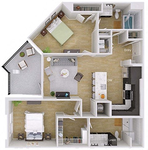 Floor plan for 2 beds, 2 baths, 1129 sqft