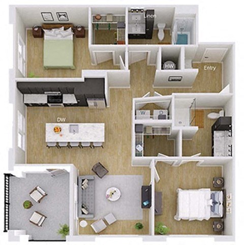 Floor plan for 2 beds, 2 baths, 1157 sqft
