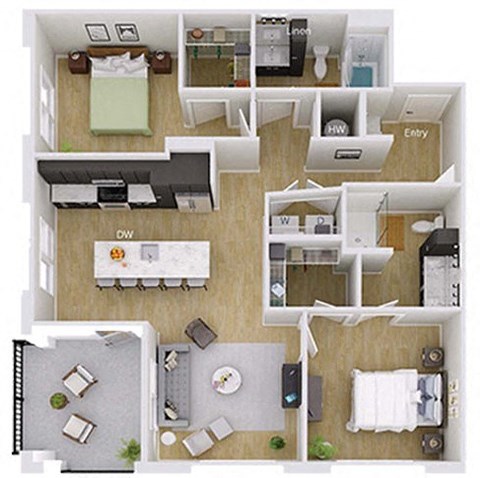 Floor plan for 2 beds, 2 baths, 1157 sqft