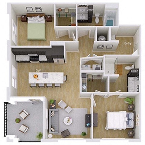 Floor plan for 2 beds, 2 baths, 1157 sqft