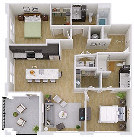 Floor plan for 2 beds, 2 baths, 1157 sqft
