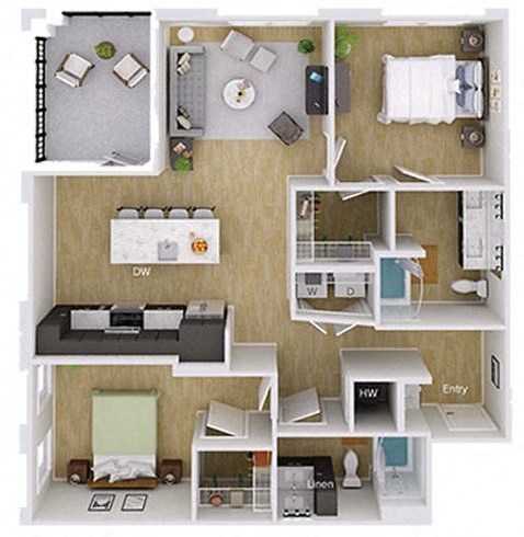 Floor plan for 2 beds, 2 baths, 1157 sqft