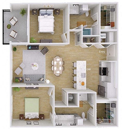 Floor plan for 2 beds, 2 baths, 1191 sqft