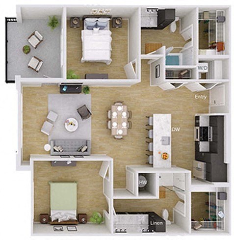 Floor plan for 2 beds, 2 baths, 1217 sqft