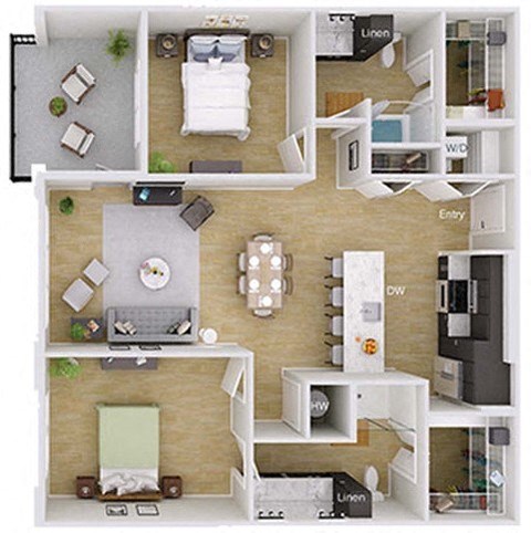 Floor plan for 2 beds, 2 baths, 1241 sqft