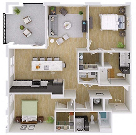 Floor plan for 2 beds, 2 baths, 1252 sqft
