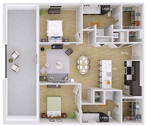 Floor plan for 2 beds, 2 baths, 1258 sqft