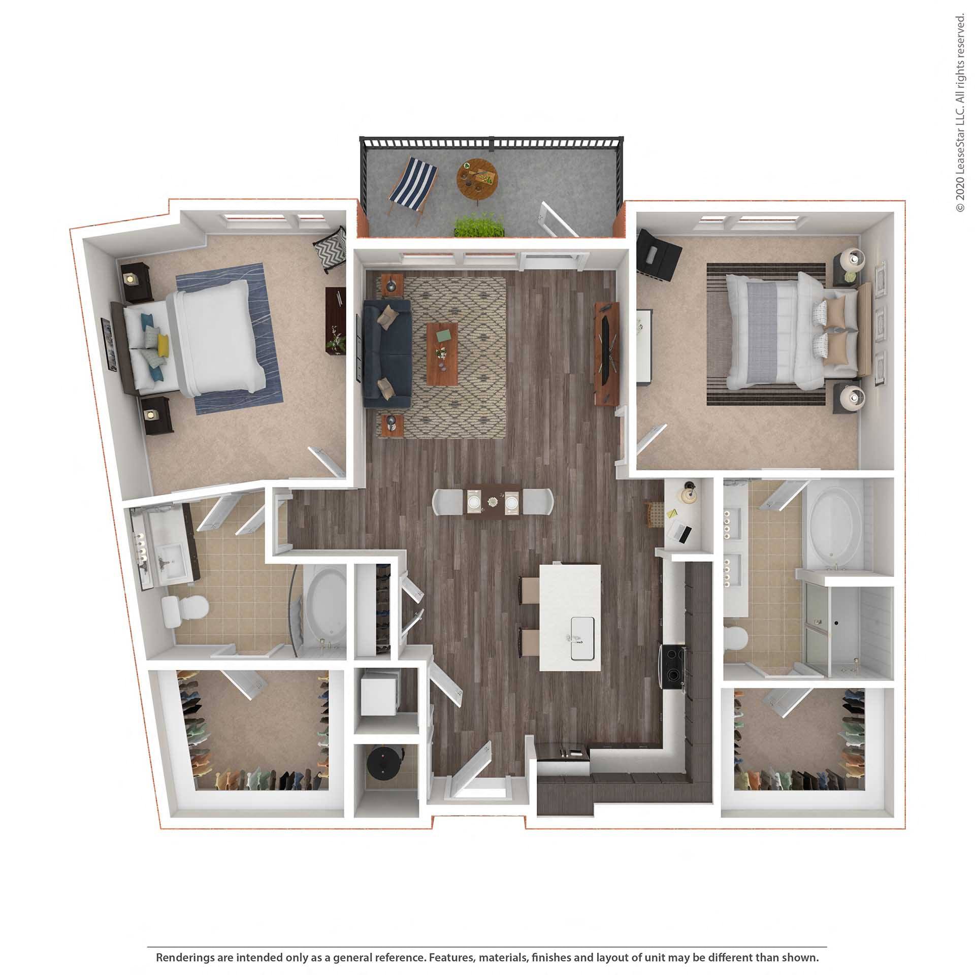 Floor plan for 2 beds, 2 baths, 1284 sqft