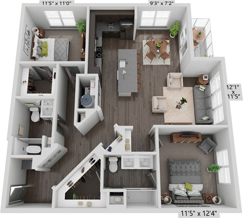 Floor plan for 2 beds, 2 baths, 1332 sqft