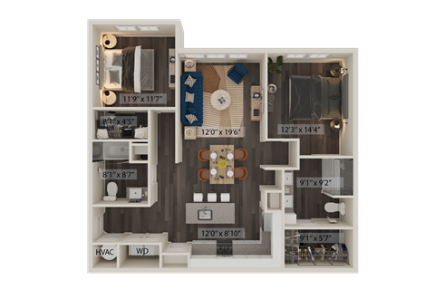 Floor plan for 2 beds, 2 baths, 1208 sqft