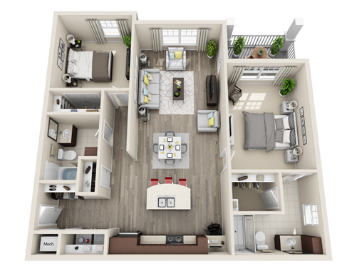 Floor plan for 2 beds, 2 baths, 1194 sqft