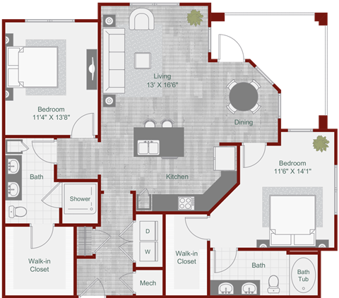 Floor plan for 2 beds, 2 baths, 1263 sqft