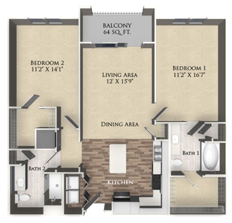 Floor plan for 2 beds, 2 baths, 1097 sqft