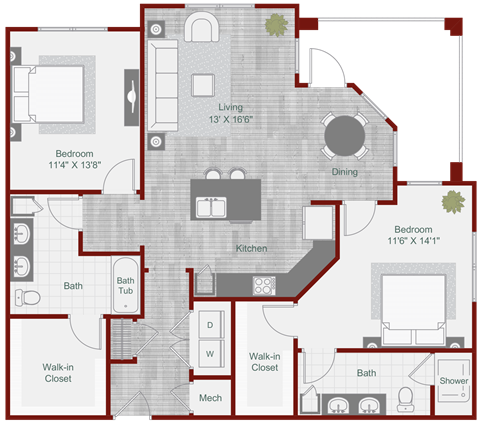 Floor plan for 2 beds, 2 baths, 1262 sqft