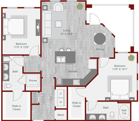 Floor plan for 2 beds, 2 baths, 1263 sqft