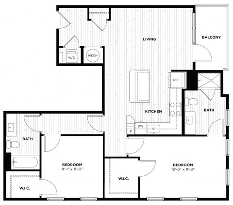 Floor plan for 2 beds, 2 baths, 1087 sqft