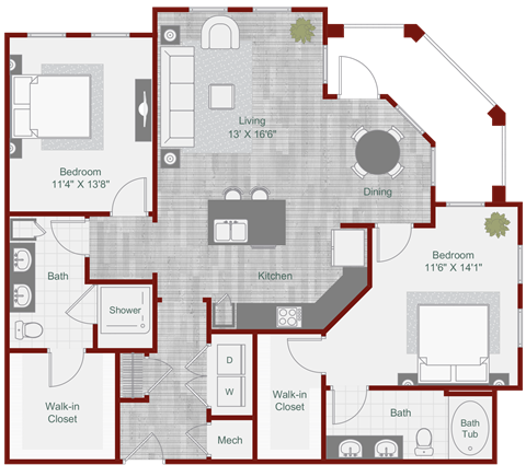 Floor plan for 2 beds, 2 baths, 1263 sqft