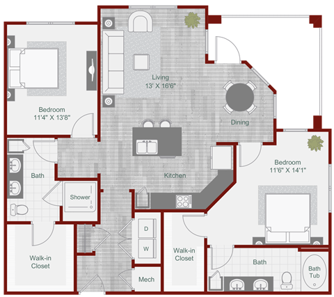 Floor plan for 2 beds, 2 baths, 1275 sqft