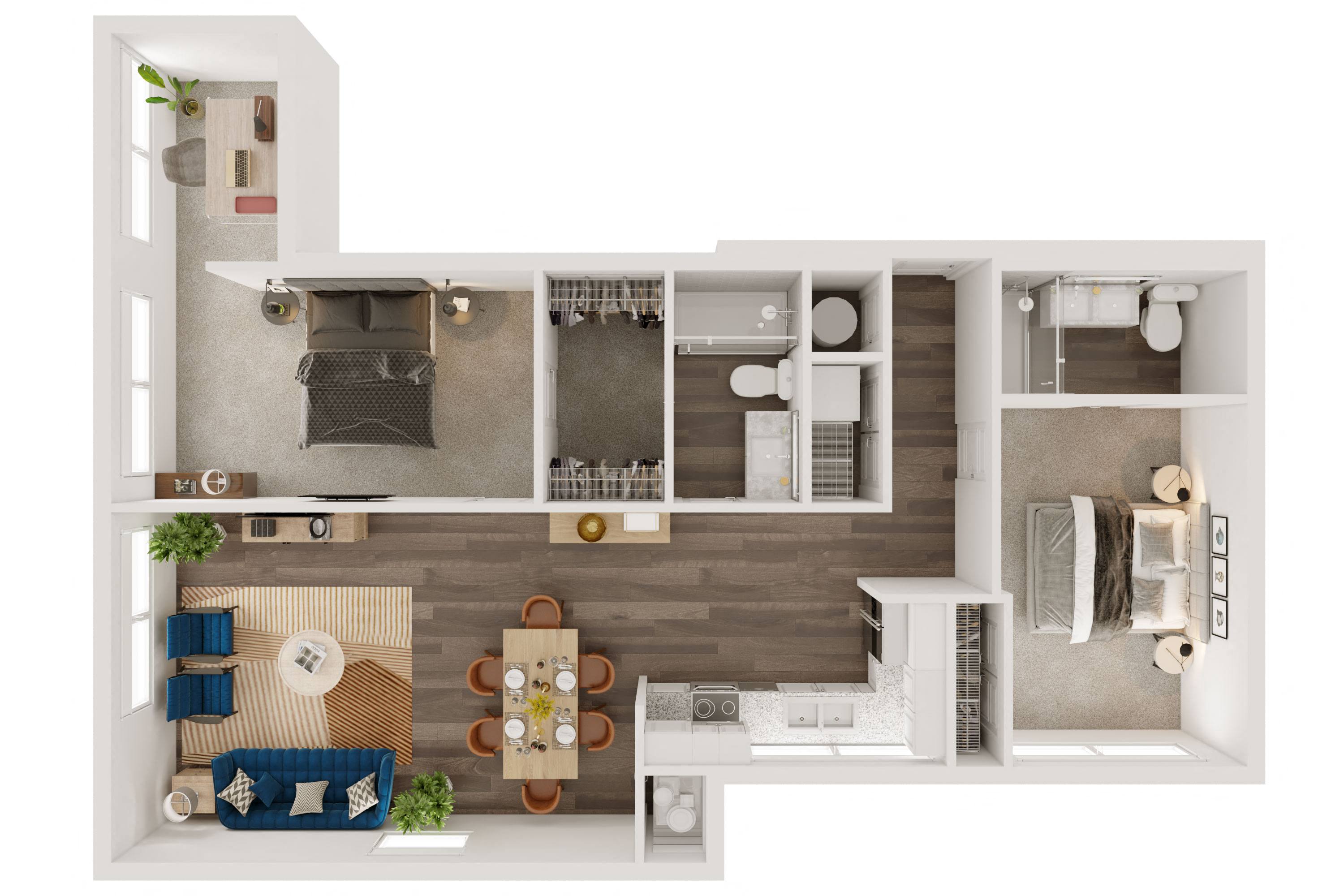 Floor plan for 2 beds, 2 baths, 1258 sqft