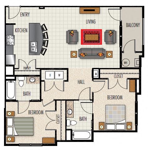 Floor plan for 2 beds, 2 baths, 1113 sqft