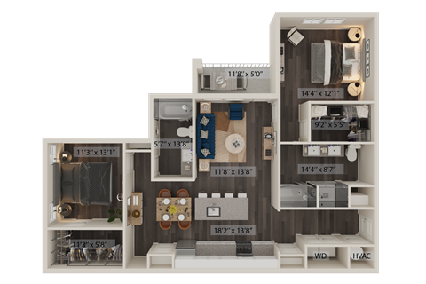 Floor plan for 2 beds, 2 baths, 1282 sqft