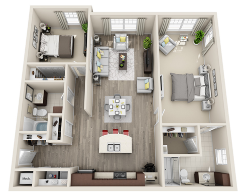 Floor plan for 2 beds, 2 baths, 1270 sqft
