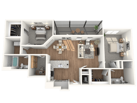 Floor plan for 2 beds, 2 baths, 1291 sqft