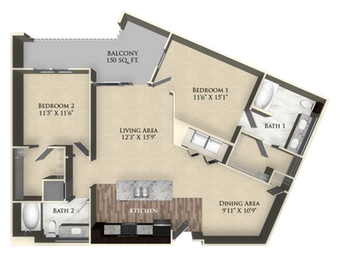 Floor plan for 2 beds, 2 baths, 1179 sqft