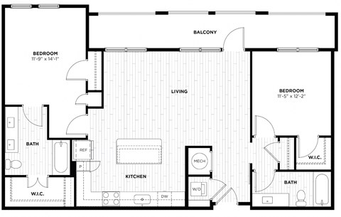 Floor plan for 2 beds, 2 baths, 1212 sqft