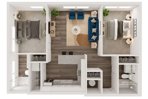 Floor plan for 2 beds, 2 baths, 986 sqft