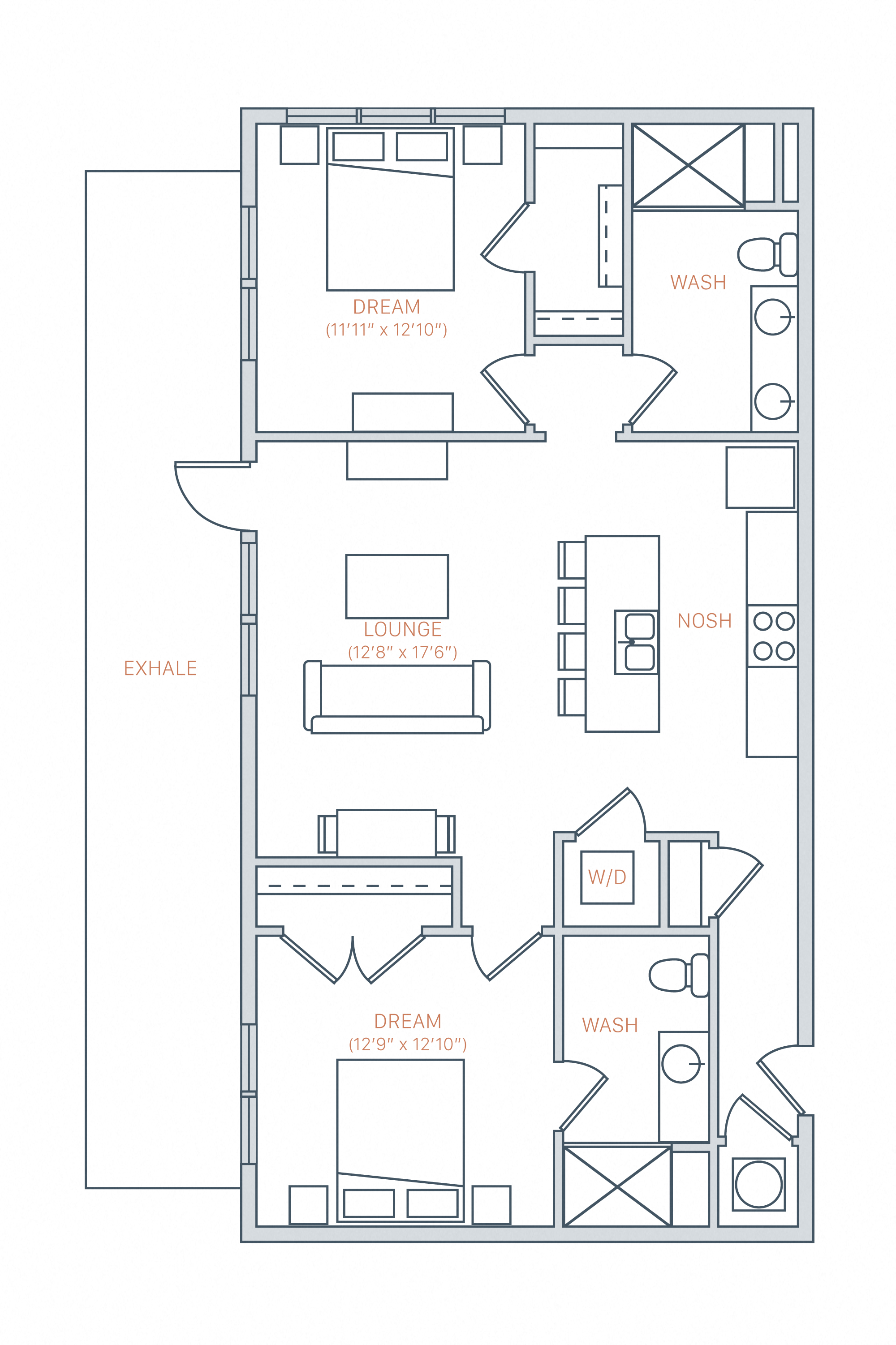Floor plan for 2 beds, 2 baths, 1010 sqft