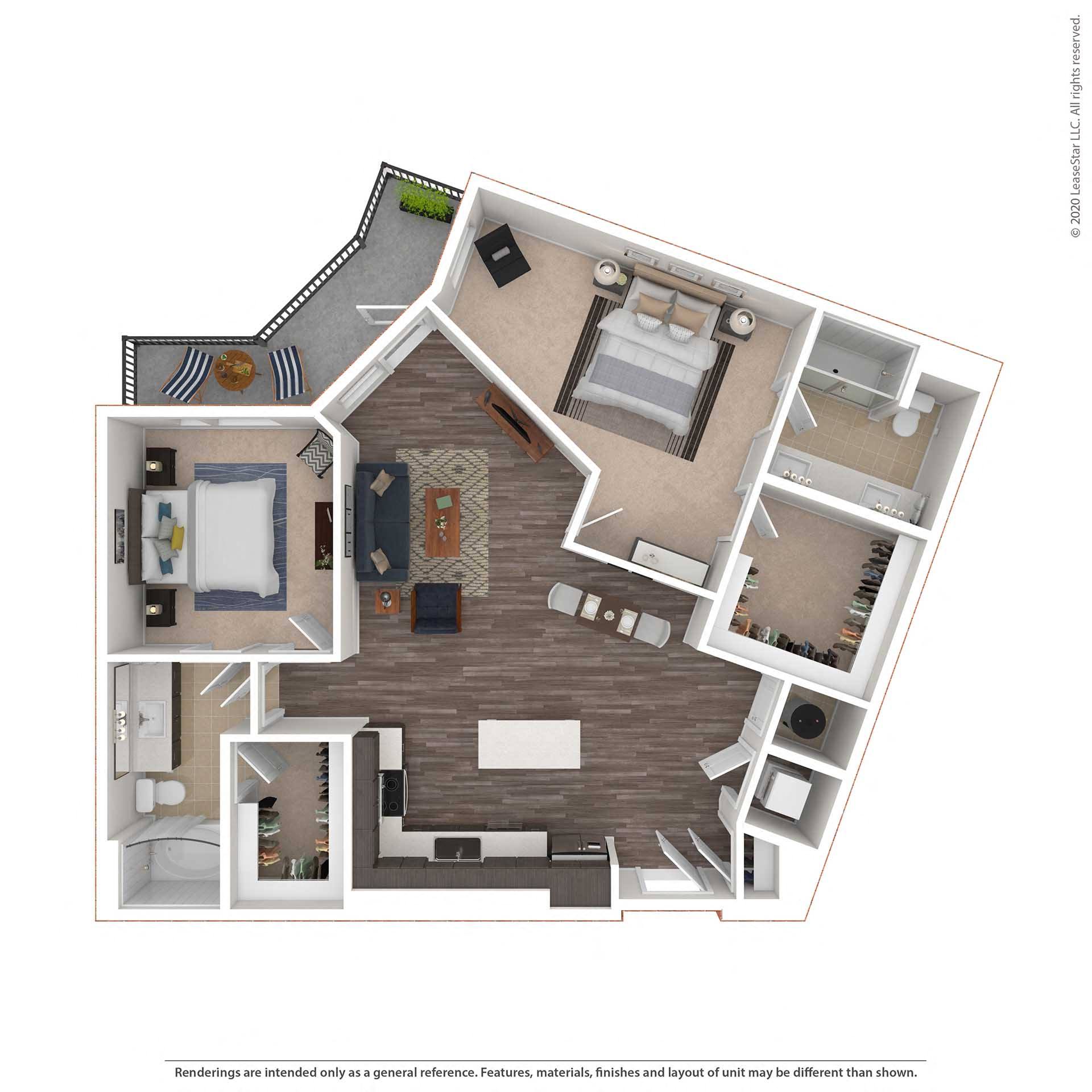 Floor plan for 2 beds, 2 baths, 1221 sqft