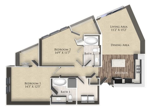 Floor plan for 2 beds, 2 baths, 1102 sqft