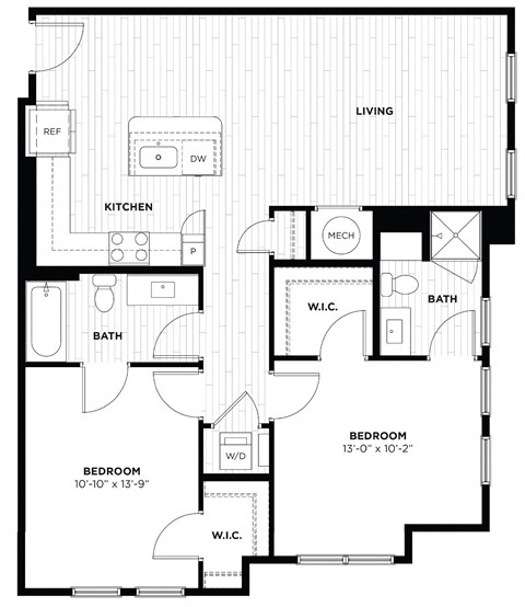 Floor plan for 2 beds, 2 baths, 1065 sqft