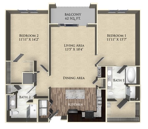 Floor plan for 2 beds, 2 baths, 1183 sqft
