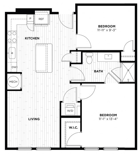 Floor plan for 2 beds, 1 bath, 825 sqft