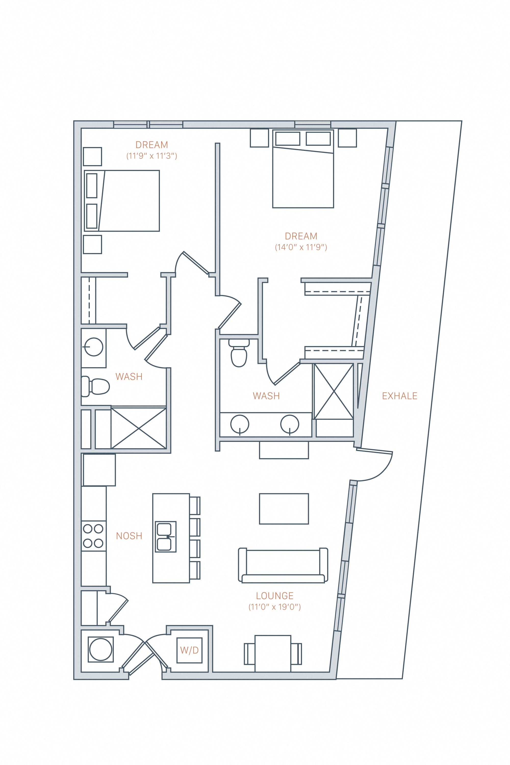 Floor plan for 2 beds, 2 baths, 1010 sqft