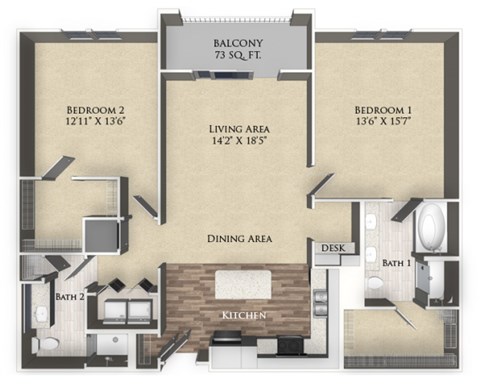 Floor plan for 2 beds, 2 baths, 1341 sqft