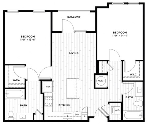 Floor plan for 2 beds, 2 baths, 999 sqft