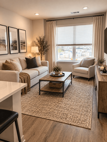Murfreesboro apartment for rent - A living room with a couch, chair, and a table with a plant on it.