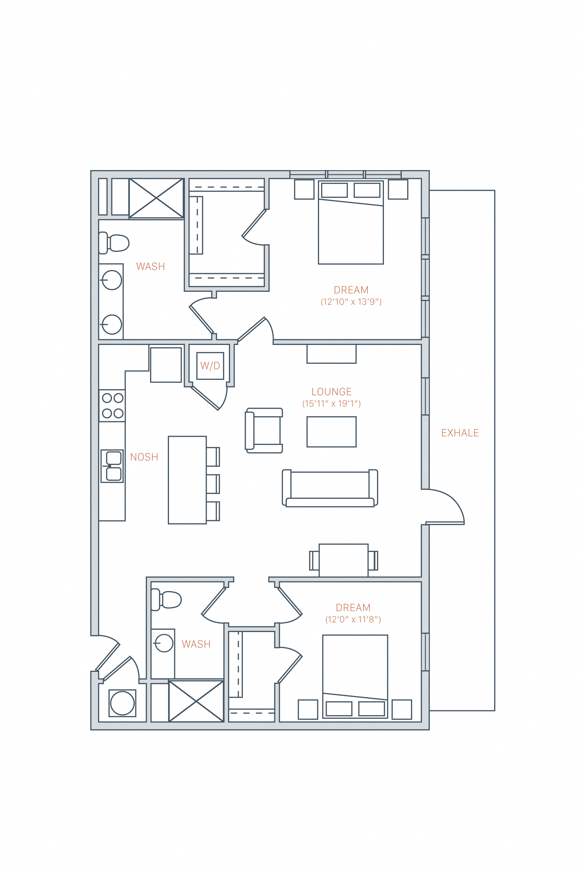 Floor plan for 2 beds, 2 baths, 1150 sqft