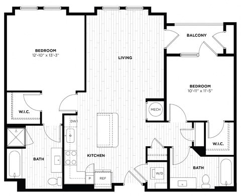 Floor plan for 2 beds, 2 baths, 1139 sqft