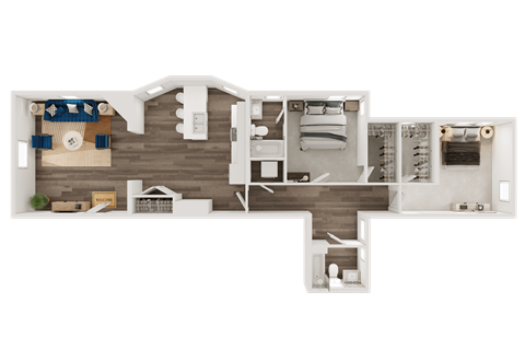 Floor plan for 2 beds, 2 baths, 1227 sqft