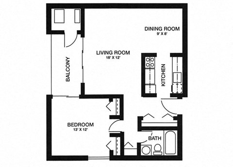 Floor plan for 1 bed, 1 bath, 725 sqft