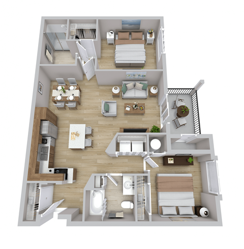 Floor plan for 2 beds, 2 baths, 1267 sqft