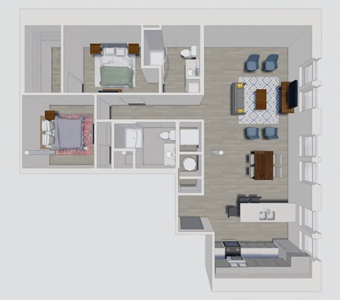 Floor plan for 2 beds, 2 baths, 1050 sqft