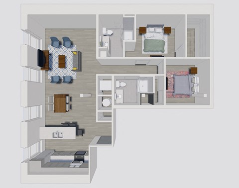 Floor plan for 2 beds, 2 baths, 971 sqft