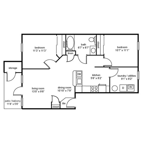 Floor plan for 2 beds, 2 baths
