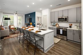 Belmont apartment for rent - Apartments for Rent in Belmont, NC - Banks at Mt. Holly - Open-Concept Kitchen with Wood-Inspired Plank Flooring, Island/Breakfast Bar with Seating, Stainless-Steel Appliances, Quartz Countertops, Subway Tile Backsplash, Grey Cabinets, and Access to Living Area