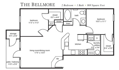 Floor plan for 2 beds, 1 bath, 869 sqft